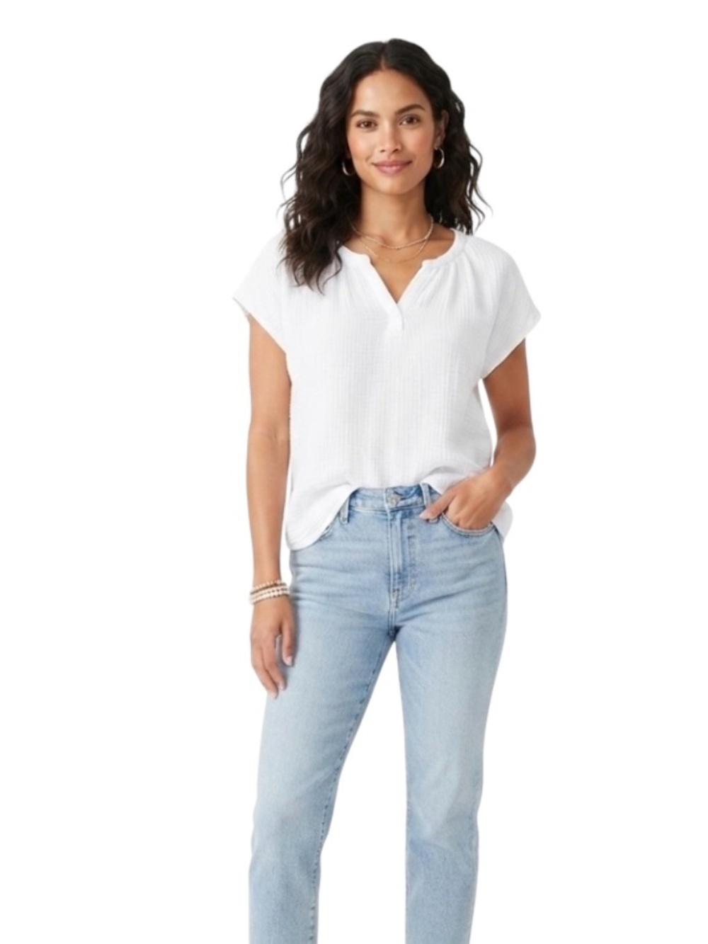 beachlunchlounge Gauze Cotton Split Neck Top Sz S White Clean Girl Resortwear